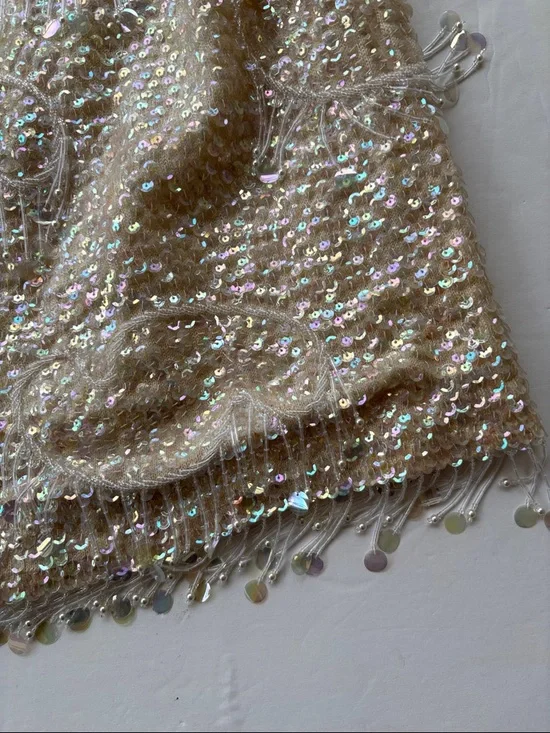 Vintage 60’s Beaded Sequins Cream Pastel Large Wool Embellished Bridal 50’ Large - Picture 14 of 17